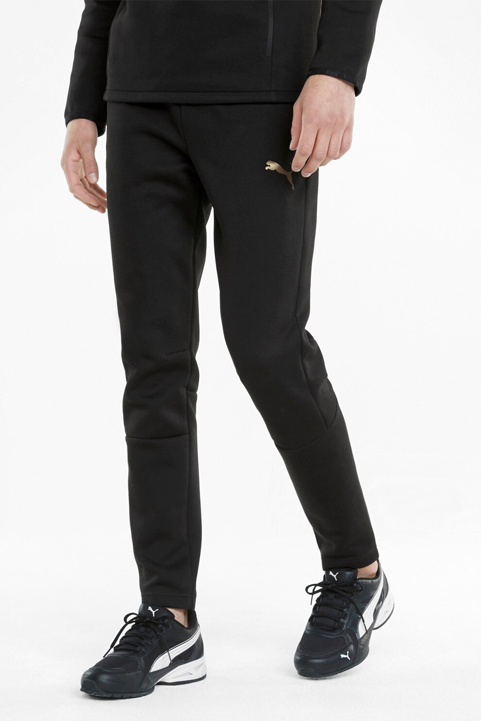 Puma, Pantaloni sport conici cu buzunare laterale EvoStripe dryCELL, Negru/Auriu